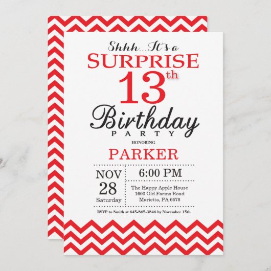 Surprise 13e anniversaire Invitation Red Chevron (Devant / Derrière)