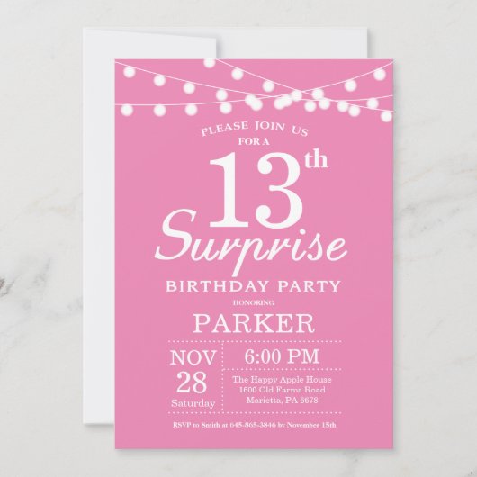 Surprise 13e anniversaire Invitation rose (Devant)