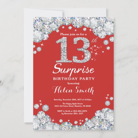 Surprise 13e anniversaire Invitation Silver Diamon (Devant)