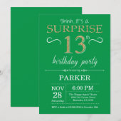 Surprise 13e anniversaire Invitation Vert et Or (Devant / Derrière)