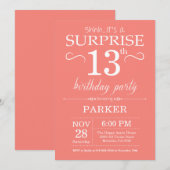 Surprise 13th Birthday Invitation Coral Kaart (Voorkant / Achterkant)