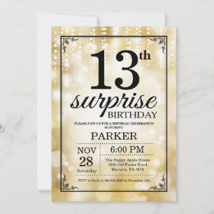 Surprise 13th Birthday Invitation Gold Glitter Kaart