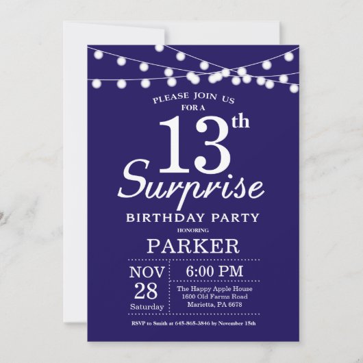 Surprise 13th Birthday Invitation Navy Blue Kaart (Voorkant)