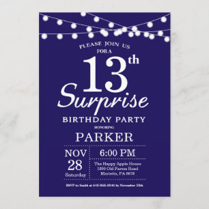 Surprise 13th Birthday Invitation Navy Blue Kaart