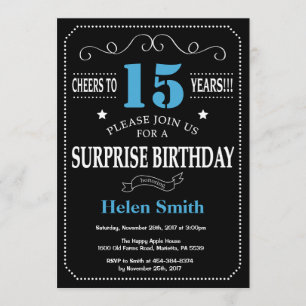 Surprise 15e anniversaire Invitation Bleu et Noir
