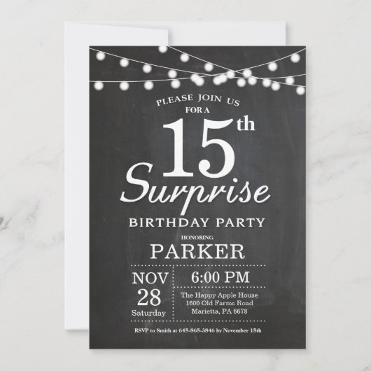 Surprise 15e anniversaire Invitation Chalkboard (Devant)