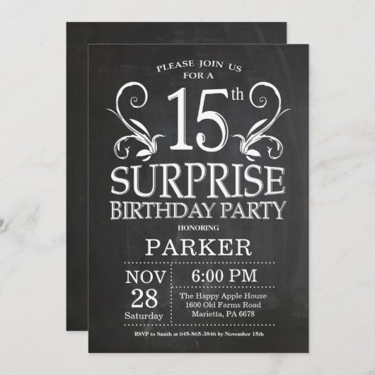Surprise 15e anniversaire Invitation Chalkboard (Devant / Derrière)