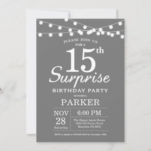 Surprise 15e anniversaire Invitation Gris et blanc (Devant)