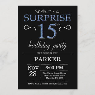 Surprise 15e anniversaire Invitation noir et bleu