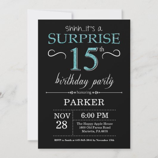 Surprise 15e anniversaire Invitation Noir et Turqu (Devant)