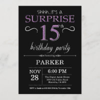 Surprise 15e anniversaire Invitation noir et viole