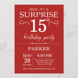 Surprise 15e anniversaire Invitation Rouge