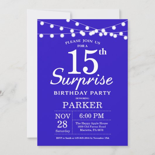 Surprise 15e anniversaire Invitation Royal Blue (Devant)