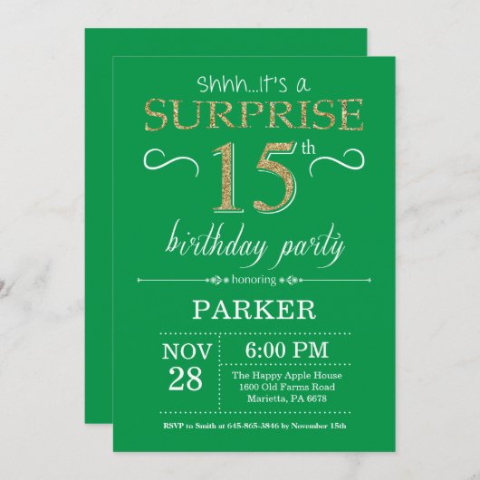 Surprise 15e anniversaire Invitation Vert et Or (Devant / Derrière)