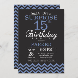 Surprise 15th Birthday Invitation Black and Blue Kaart