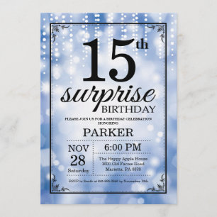 Surprise 15th Birthday Invitation Blue Glitter Kaart