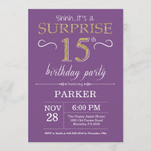 Surprise 15th Birthday Invitation Paars and Gold Kaart