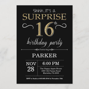 Surprise 16e anniversaire Invitation Black and Gol