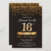 Surprise 16e anniversaire Invitation Black and Gol (Devant / Derrière)