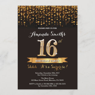 Surprise 16e anniversaire Invitation Black and Gol