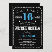 Surprise 16e anniversaire Invitation Bleu et Noir (Devant / Derrière)