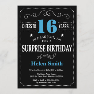 Surprise 16e anniversaire Invitation Bleu et Noir