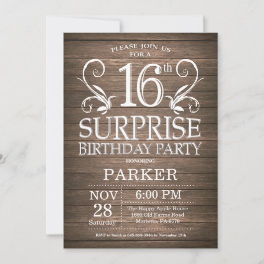 Surprise 16e anniversaire Invitation Bois rustique (Devant)