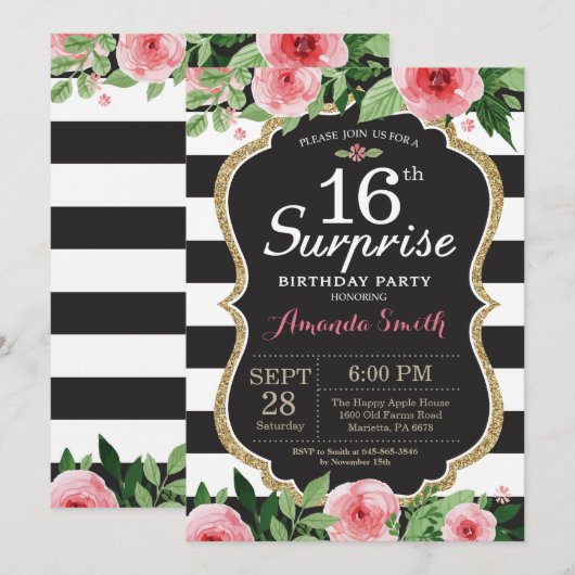 Surprise 16e anniversaire Invitation Femmes. Flora (Devant / Derrière)