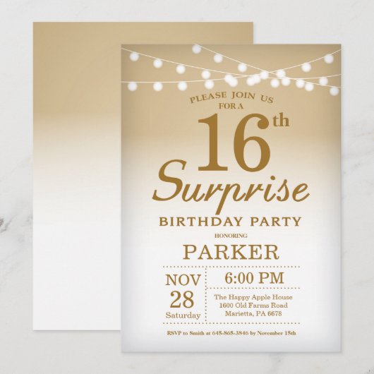 Surprise 16e anniversaire Invitation Gold (Devant / Derrière)