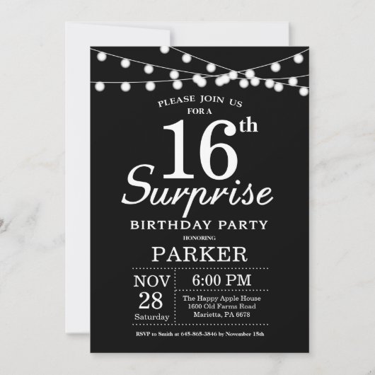 Surprise 16e anniversaire Invitation noir et blanc (Devant)