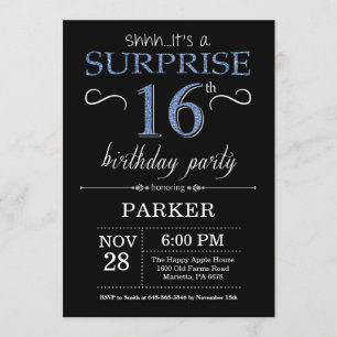 Surprise 16e anniversaire Invitation noir et bleu