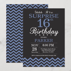 Surprise 16e anniversaire Invitation noir et bleu