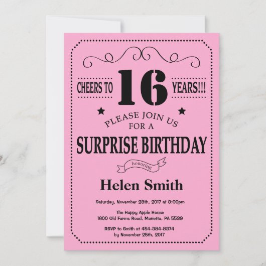 Surprise 16e anniversaire Invitation noir et rose (Devant)