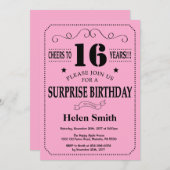 Surprise 16e anniversaire Invitation noir et rose (Devant / Derrière)