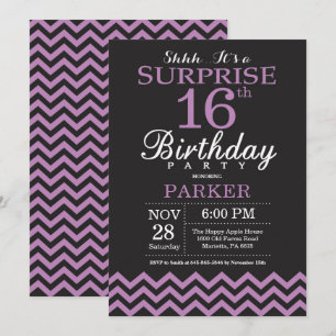 Surprise 16e anniversaire Invitation noir et viole