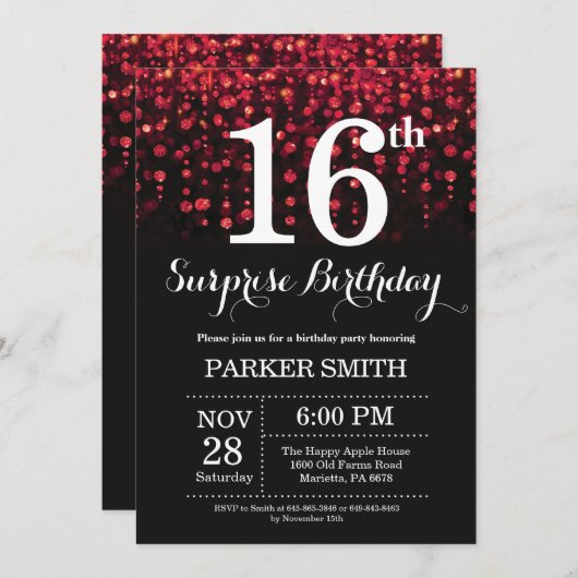 Surprise 16e anniversaire Invitation Parties scint (Devant / Derrière)