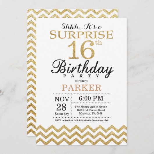 Surprise 16e anniversaire Invitation Parties scint (Devant / Derrière)
