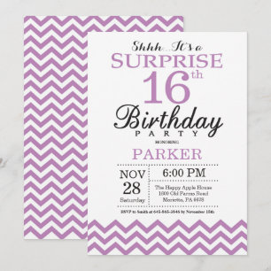 Surprise 16e anniversaire Invitation Purple Chevro