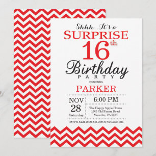 Surprise 16e anniversaire Invitation Red Chevron