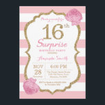 Surprise 16e anniversaire Invitation rose et or<br><div class="desc">Invitation surprise 16e anniversaire. Rose et Or. Parties scintillant or. Les rayures rose et blanche. Fleur Florale Rose. Anniversaire enfant. Fille Lady Ado fête d'anniversaire adolescente. Pour plus de personnalisation,  cliquez sur le bouton "Customiser" et utilisez notre outil de conception pour modifier ce modèle.</div>