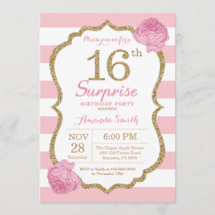 Surprise 16e anniversaire Invitation rose et or
