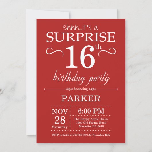Surprise 16e anniversaire Invitation Rouge (Devant)