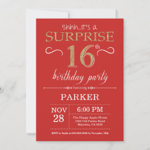 Surprise 16e anniversaire Invitation Rouge et or