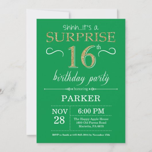 Surprise 16e anniversaire Invitation Vert et Or (Devant)