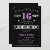 Surprise 16e anniversaire Invitation violet et noi (Devant / Derrière)