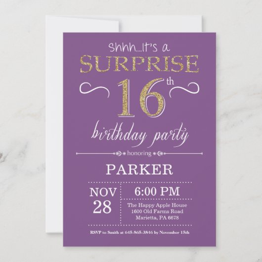 Surprise 16e anniversaire Invitation violet et or (Devant)