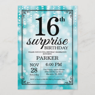 Surprise 16th Birthday Invitation Blauwgroen Glitt Kaart