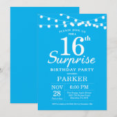 Surprise 16th Birthday Invitation Blue Kaart (Voorkant / Achterkant)