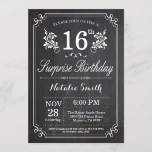 Surprise 16th Birthday Invitation Chalkboard Kaart