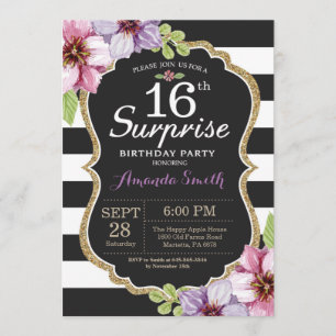 Surprise 16th Birthday Invitation Floral Gold Kaart